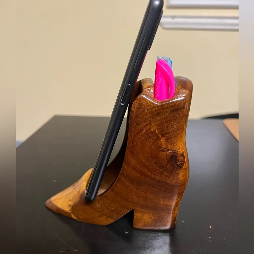 Stylish Wooden Boot Phone and Pen Holder